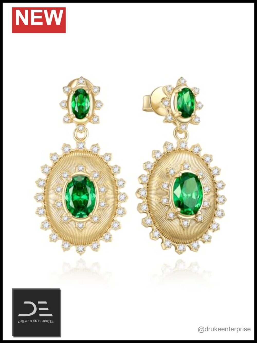 Vintage Gold Plated Sterling Silver Emerald Drop Dangle Earrings, CZ Halo